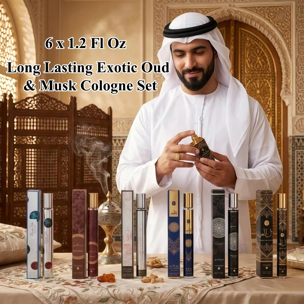 Men's Arabic Perfume Gift Set – 6 x 1.2 oz, Long-Lasting Amber & Oud Cologne Collection