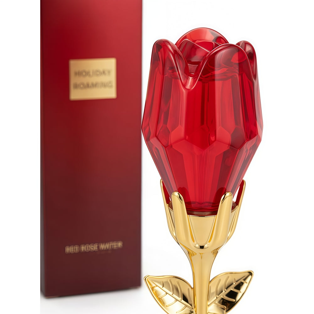 Close up of the luxurious rose-shaped perfume bottle for women.