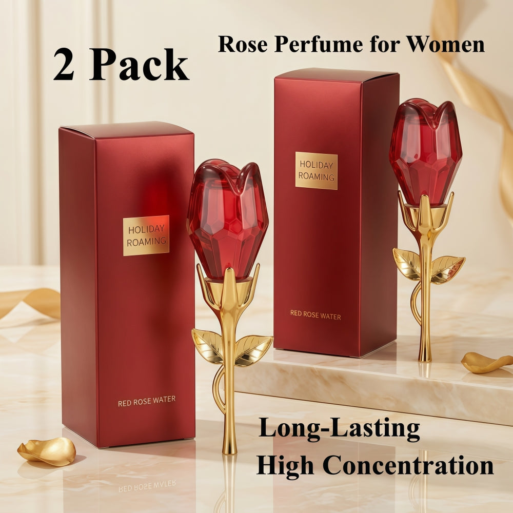 Two elegant rose-shaped bottles of long-lasting women's rose perfume oil spray on a clean background.