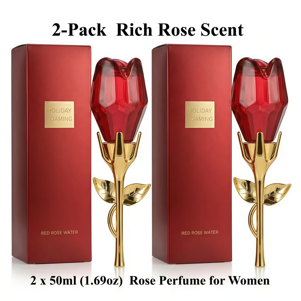 Two elegant rose-shaped bottles of long-lasting women's rose perfume oil spray on a clean background.