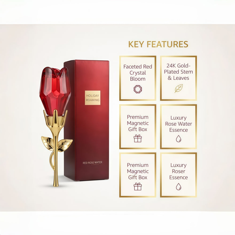 Close up of the luxurious rose-shaped perfume bottle for women.